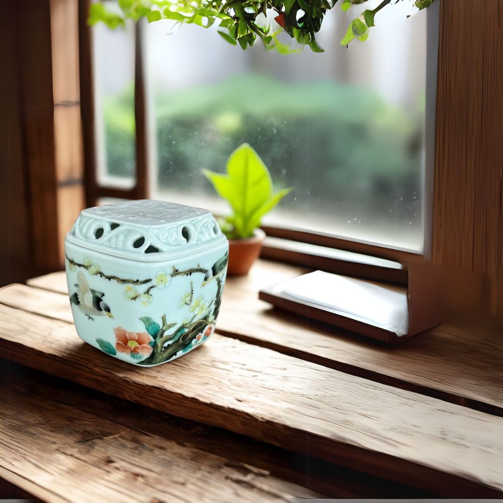 Tenfu Cave Cloud Carved Incense Burner-Pastel Flowers and Birds CENSER-YX-FCHN