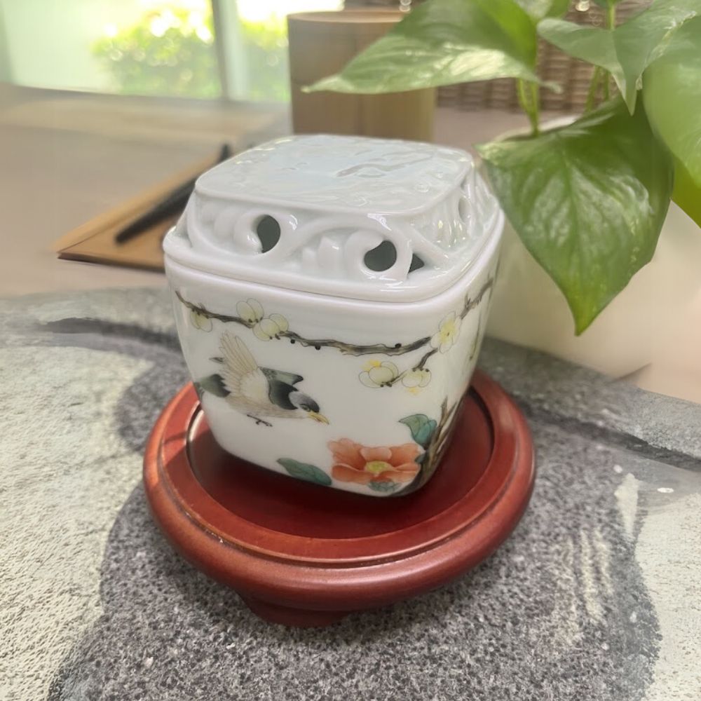 Tenfu Cave Cloud Carved Incense Burner-Pastel Flowers and Birds CENSER-YX-FCHN