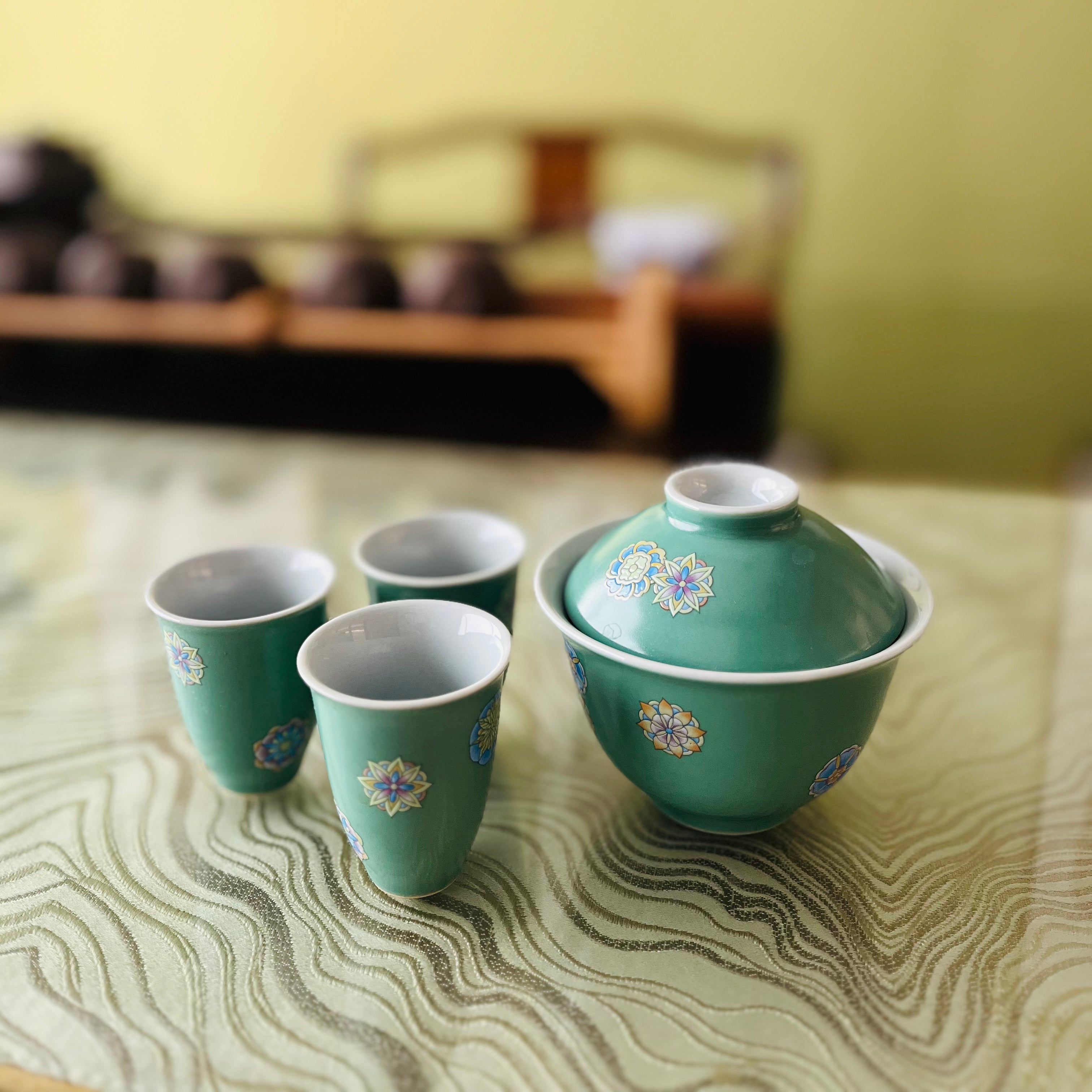 花团锦簇盖碗组-松石绿 HTJC-SL-4KS
