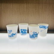 玉瓷手繪青花山水聞飲杯組 YCSH-QHSS-4S