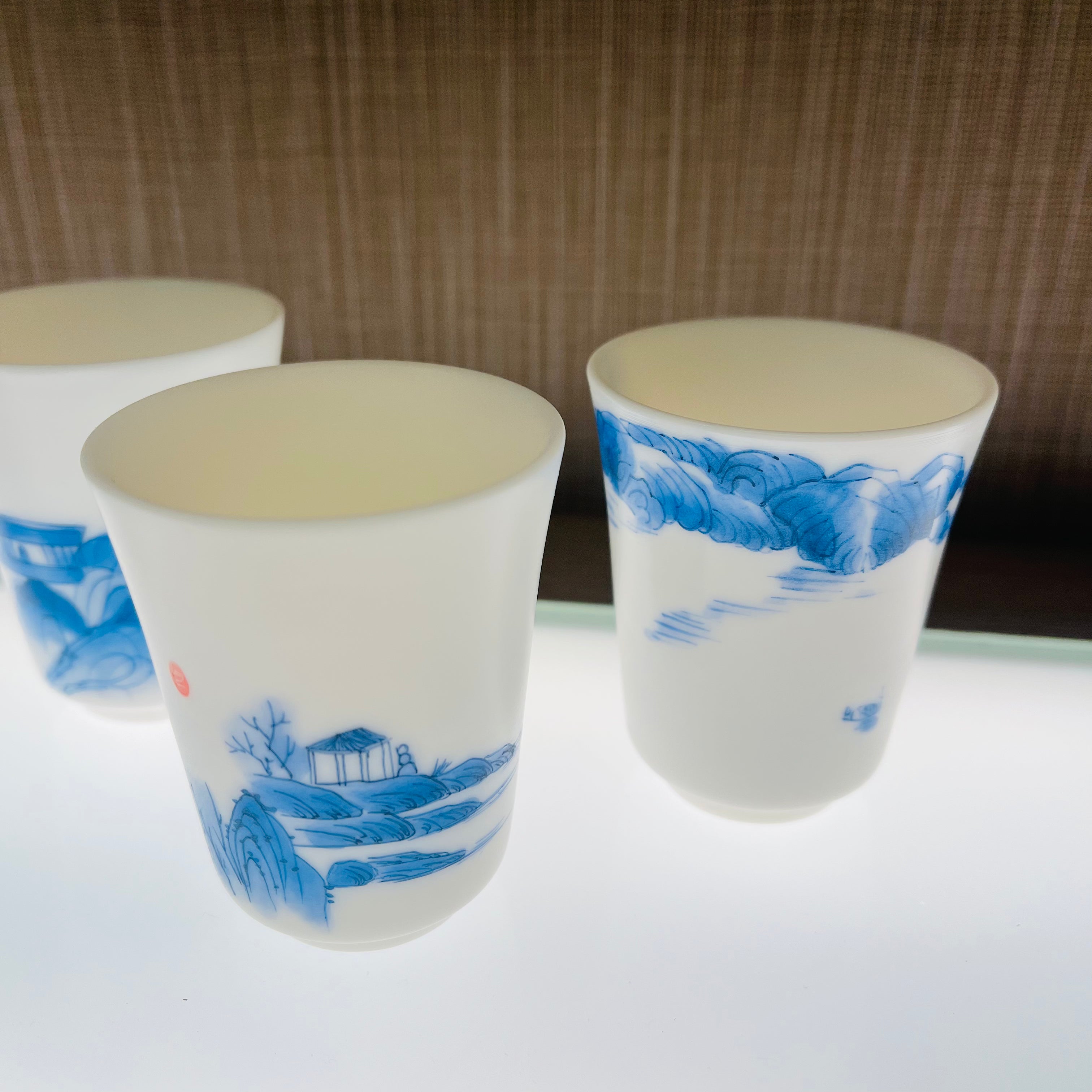 玉瓷手绘青花山水闻饮杯组 YCSH-QHSS-4S